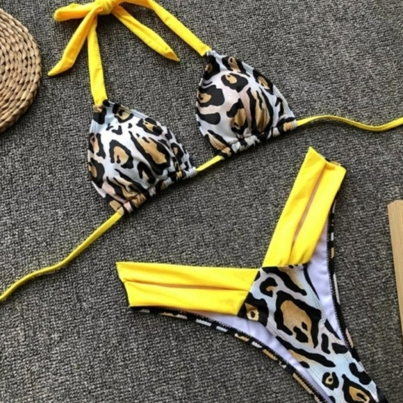 New Yellow Leopard Slide Triangle Brazilian Bottom Bikini Set Swimsuit Size S - Picture 4 of 6